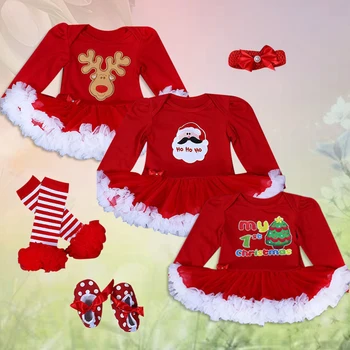 

Christmas Baby's Four-piece Suits Long Sleeve Romper Skirt+Hairband+Shoes+Leg Warmer Xmas Baby Suits Toddler Romper Tutu Dress