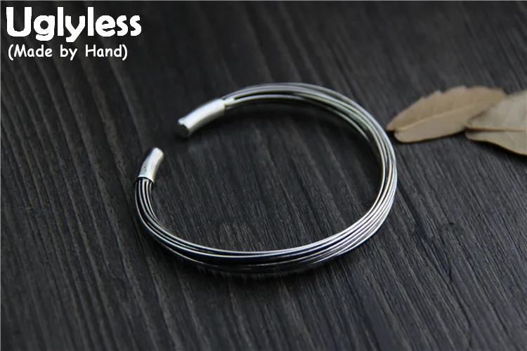 

Uglyless Real S925 Thai Silver Fine Jewelry Vintage Opening Bangles Women Multi-layer Silver lines Thick Bangle Handmade Bijoux