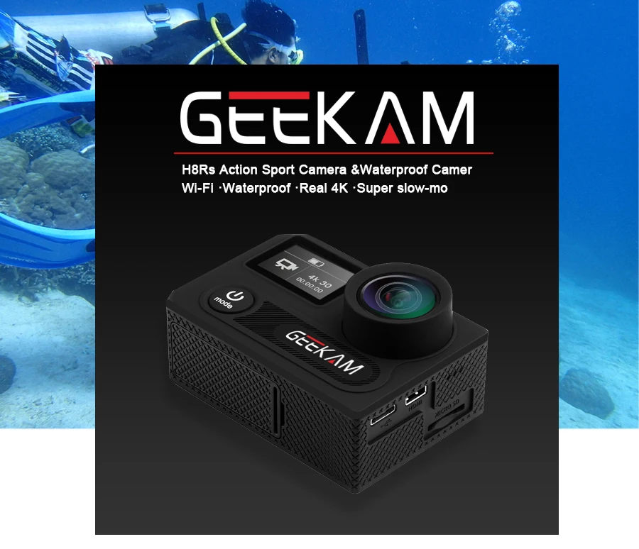 GEEKAM Ультра HD Водонепроницаемая 4K видео экшн-камера 170 градусов 2,0 двойной экран 1080p 60fps WiFi экшн Спортивная камера H8RS