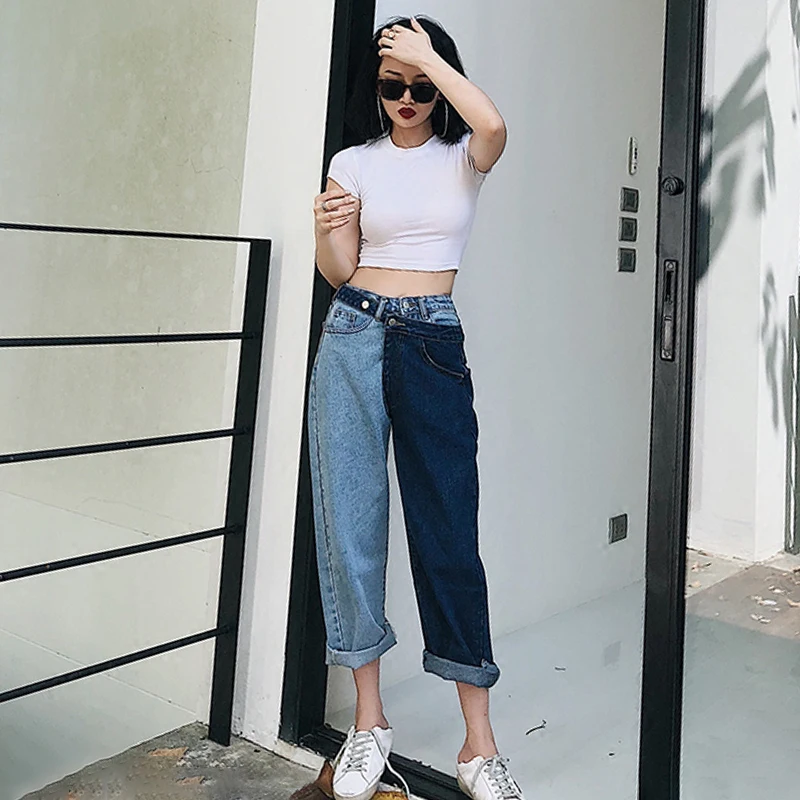 TWOTWINSTYLE лоскутное джинсы для женщин женские Высокая талия Нерегулярные Длинные джинсы для лето 2018 Мода Harajuku костюмы