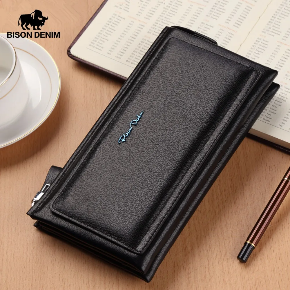 BISON DENIM Cow Leather Men Long Wallet Soft Luxury Brand Male Clutch Bag Wallets Genuine Leather Long Purse For Men N8165 BISON DENIM Cow Leather Men Long Wallet Soft Luxury Brand Male Clutch Bag Wallets Genuine Leather Long Purse For Men N8165