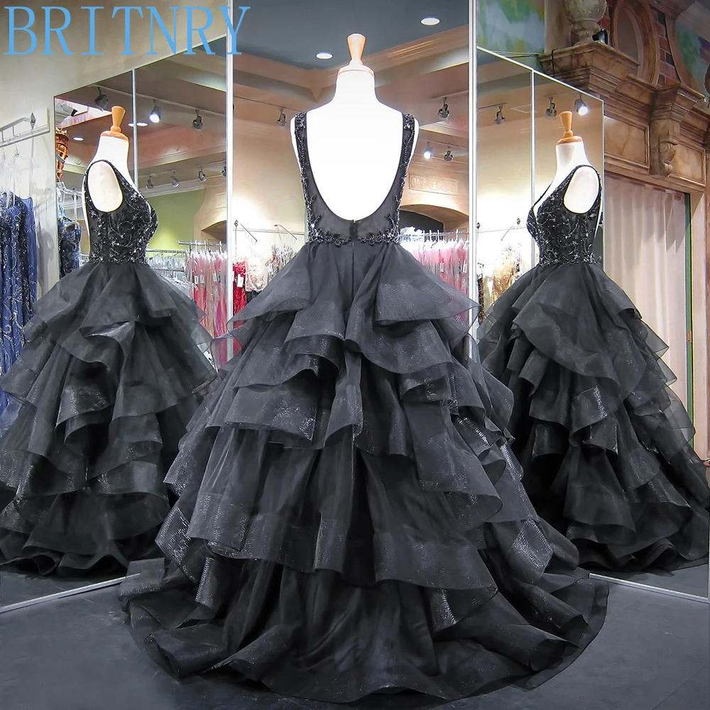 Long-Puffy-Prom-Dresses-2018-V-neck-Sleeveless-Top-Beaded-Crystals-Ball-Gown-Backless-African-Black