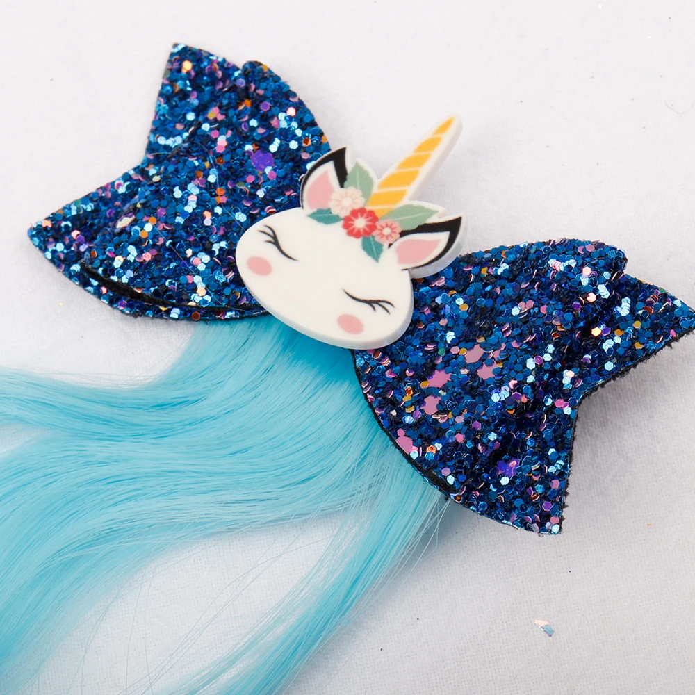Cheer Bow 3" Glitter Hairbow Girls Kids Children Hairclip With Cartoon Unicorn Long Wig Baby Lovely Hairgrip Hair Accessories