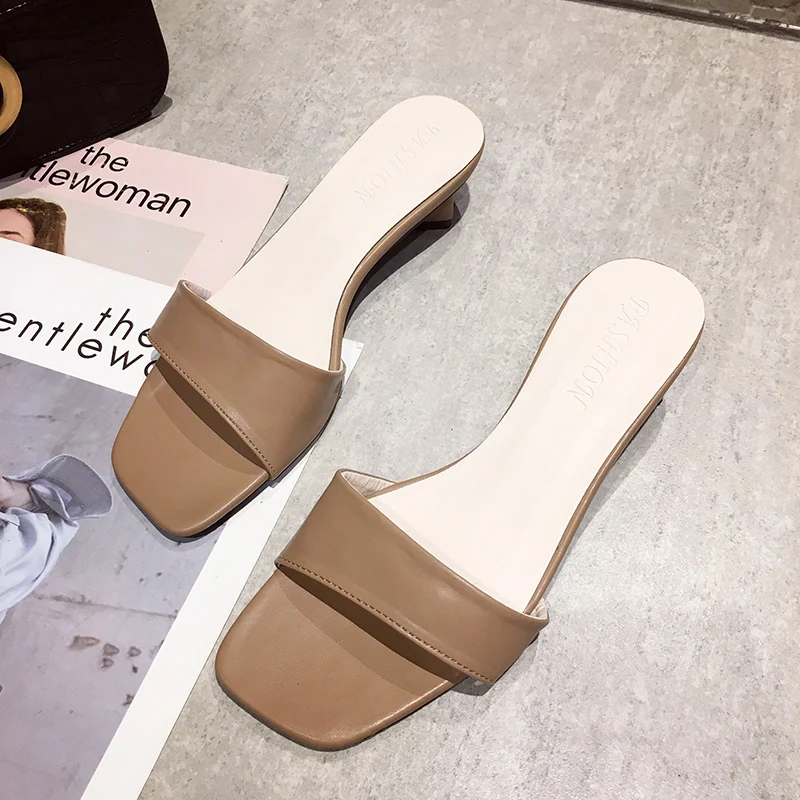 

Elegant High Heels Sandals Women Soft Slip On Sandals Women Sandals Summer 2019 Casual Square Heels White Slippers Women Shoes