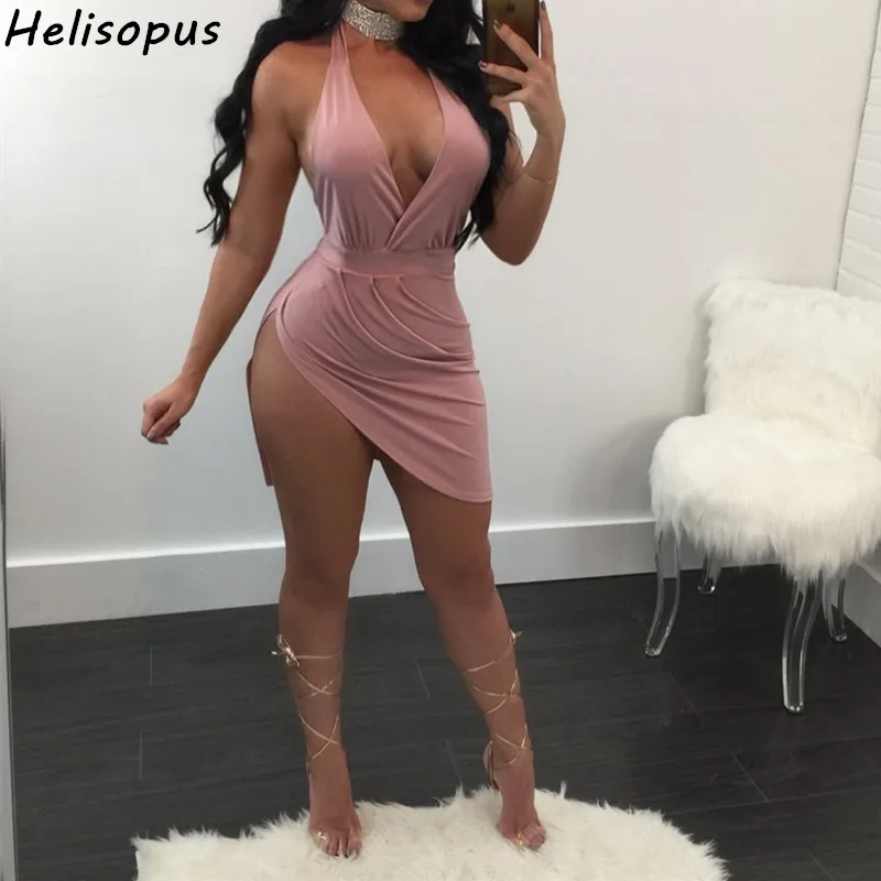 

Helisopus 2019 Sexy V Neck Women Dress Summer Side Split Backless Mini Dresses Halter Party Dress Vestidos ropa mujer