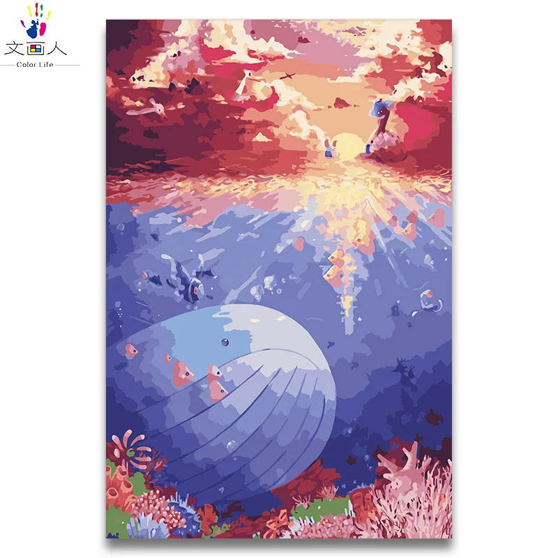

Cartoon anime picture paint by numbers Dream Whale Oil Painting by numbers ocean whale cute animals for Children room decoration