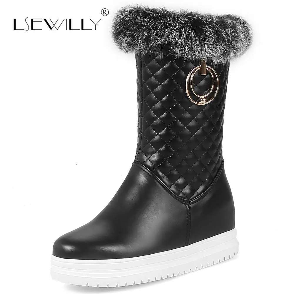 

Lsewilly Women's Mid Calf Boots Warm Fur Woman Med Heels Casual Shoes Black White Internal Increase Plush Snow Boots Size 33-42