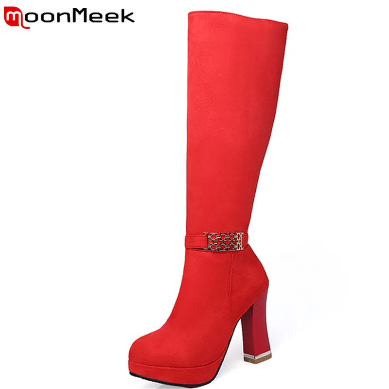 

MoonMeek new arrive high quality fashion knee high boots nubuck leather spike high heels round toe zip autumn winter boots women