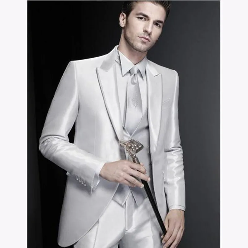 Silver Grooms Tuxedos Peaked Lapel Wedding Suits Three Piece For Prom