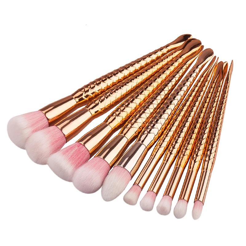 

10 Pcs Diamond Rose Gold Makeup Brush Set Mermaid Fishtail Shaped Women Beauty Makeup Tools Kit