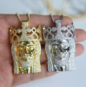 

2017 factory custom 3d gold color king crown cool jesus face Micro pave zirconia bling bling mens chain pendant necklace