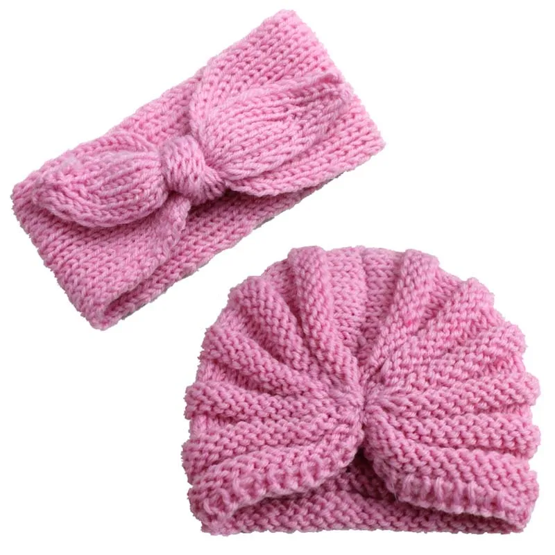 Коллекция года, брендовая Милая Шапка-тюрбан с бантом для маленьких девочек и мальчиков, комплект из 2 предметов, зимний теплый однотонный вязаный головной убор, хиджаб, повязка на голову, шапка, комплект - Цвет: Розовый