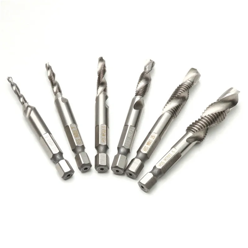 

6pcs M3-M10 Screw Tap Drill Bits Hss Taps Countersink Deburr Set Metric Combination Bit High Speed Steel 1/4 IN Quick Change Hex