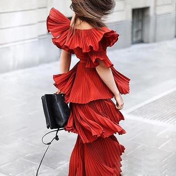 

Spring and Summer 2019 New Fashion Pure-colour Heavy Industry Fold-collar Lotus Edge Temperament Medium-length Dresses