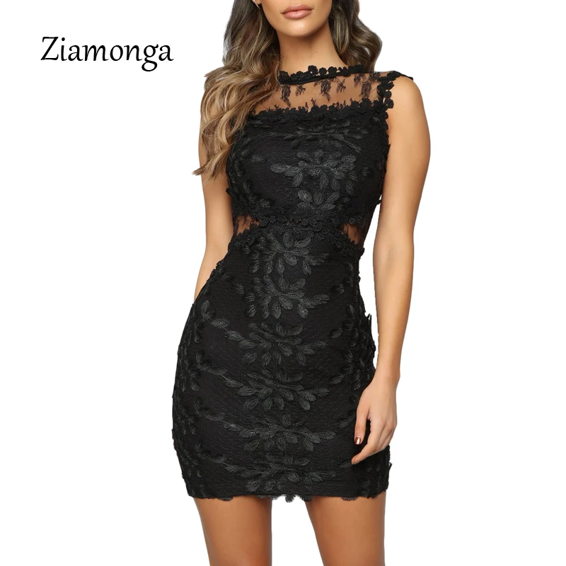 

Ziamonga Sexy Party Dress Sleeveless Floral Lace Dresses Women O-Neck Backless Pencil Bodycon Dress Club Short Black Dresses