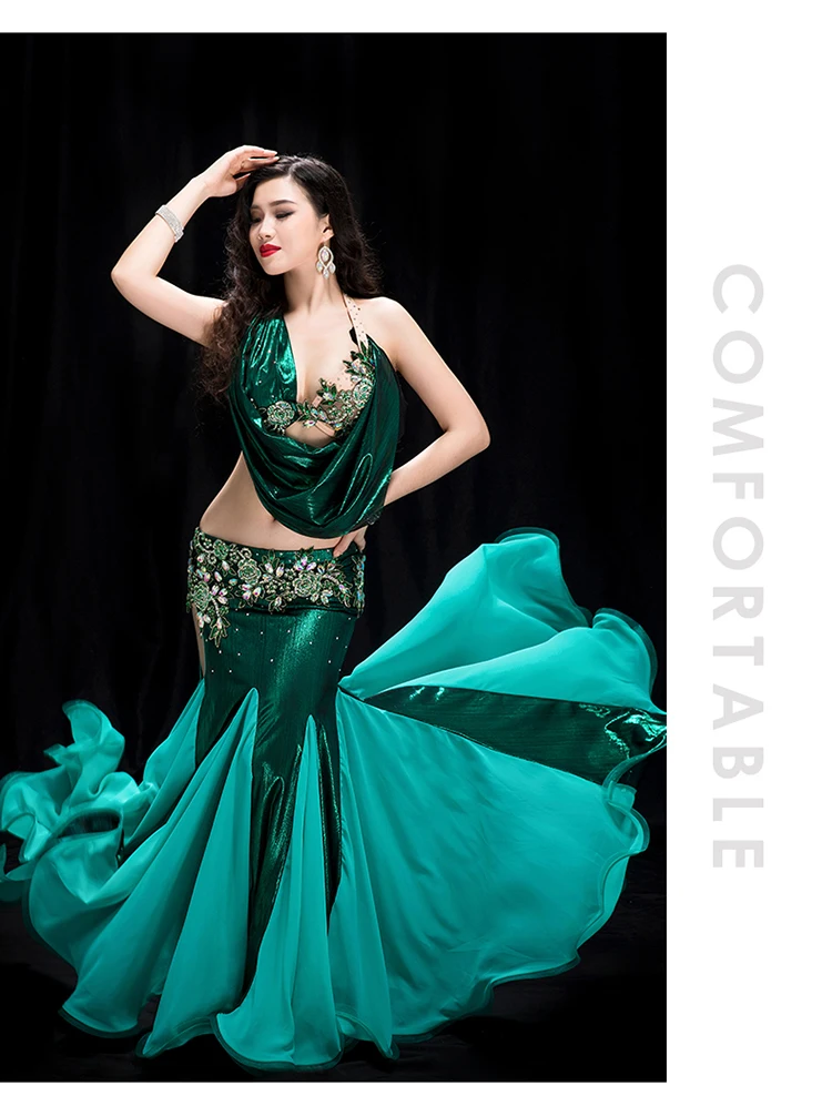 Bling Bling Sequin Oriental Dance Outfit Women 2 Piece Bellydance Performance Costume Bra Fishtail Skirt Sexy Dark Green