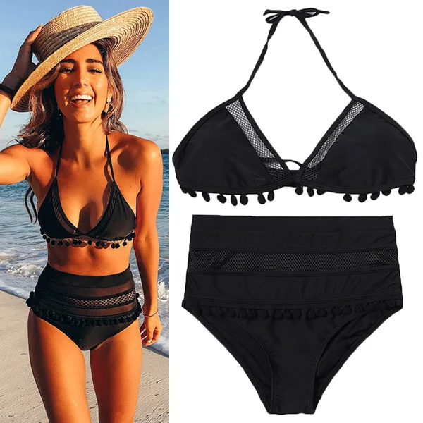 

Ladies Split Swimwear Set Black Lace Sling Bikini Briefs Swimsuits for Beach MC889