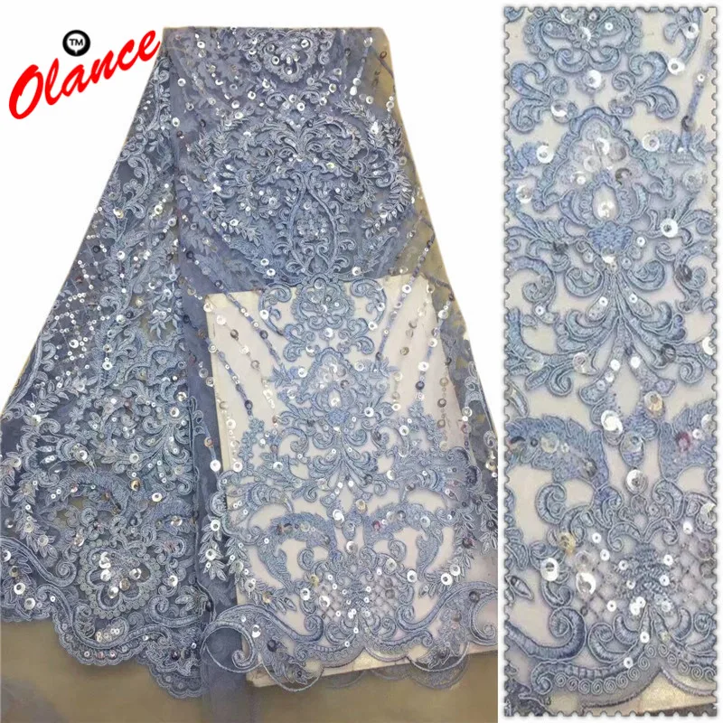 

Latest light blue European style with full blue color sequins and beads dress fabric ADP100 wholesale Nigeria Tulle Lace Fabric