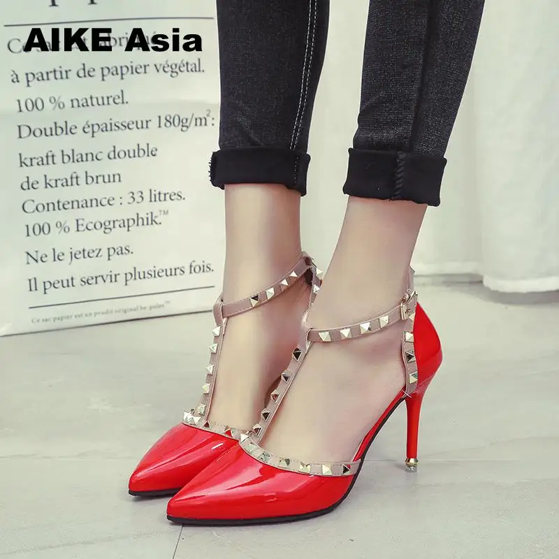 Aike Asia New Women Pumps Summer Fashion Sexy Rivets Pointed Toe Wedding Party High Heeled Shoes Woman Sandals Zapatos Mujer