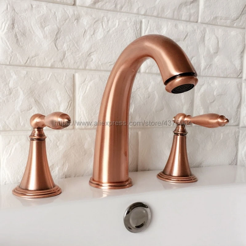 

Red Copper Antique Double Handle Basin Faucet Deck Mounted Bathroom Tub Sink Mixer Taps Widespread 3 Holes Nrg036