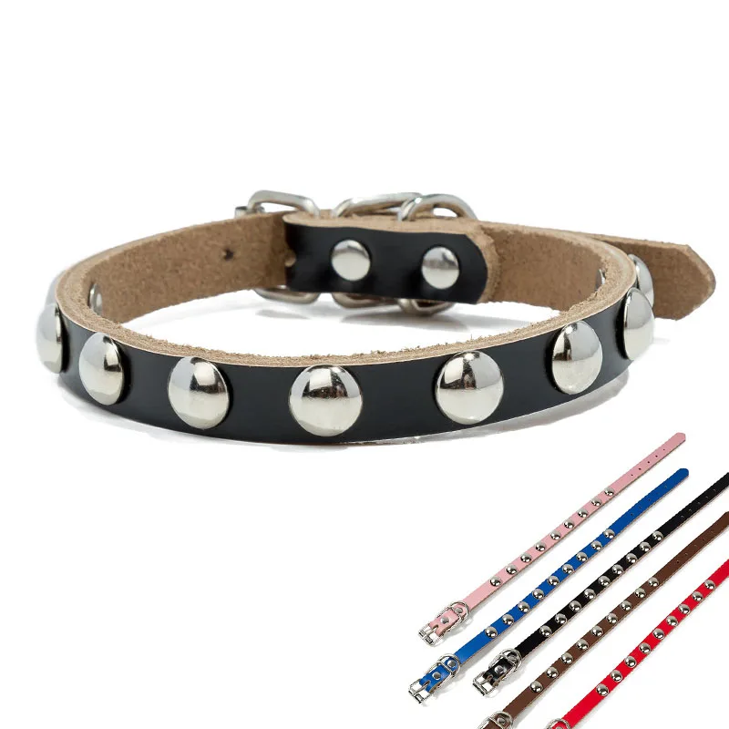 Real Leather Cat Collar Adjustable Mushroom Rivet Pet for Small Dogs Cats Puppy Kitten Red Black Blue Pink Brown | Дом и сад