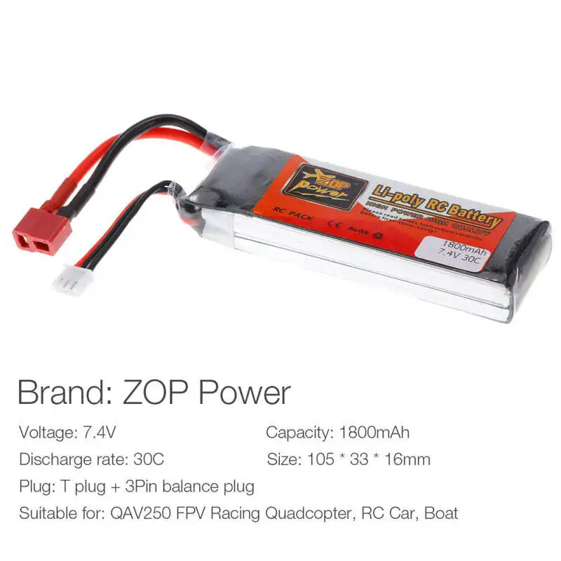 ZOP POWER Plug Lipo батарея для 2 S 7,4 V 1800 mah 30C T для QAV250 FPV гоночный RC Квадрокоптер Автомобильная лодка