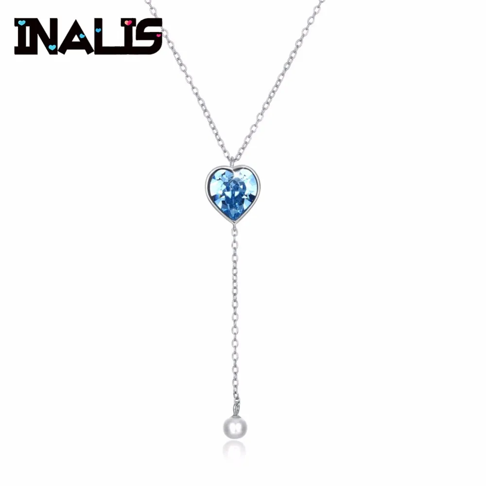 

INALIS New Long Chain Necklace 925 Sterling Silver Heart Light Blue Natural Austria Crystal with Single Pearl Pendant Jewelry