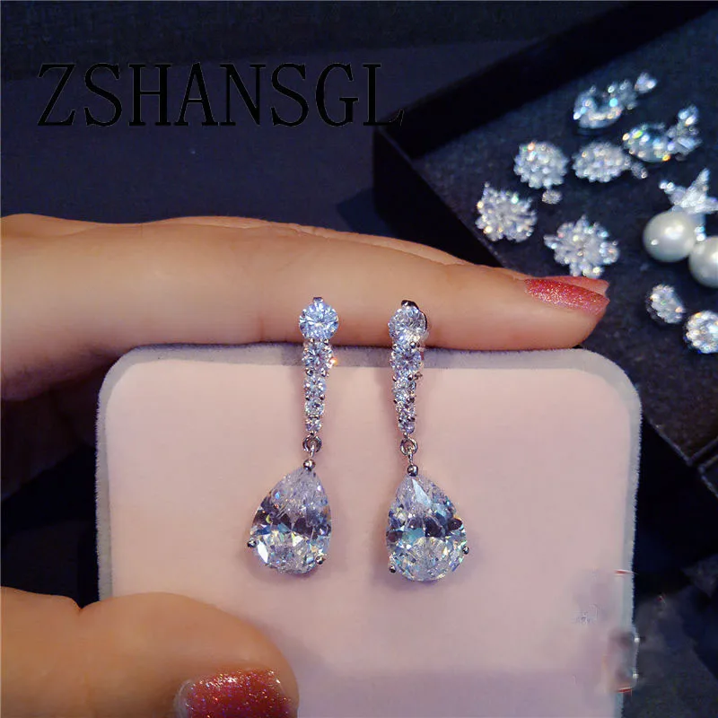 

Fashion Female Crystal Water Drop Earrings 925 Silver filled White Stone Earrings Boho Wedding Jewelry Long Dangle Earrings