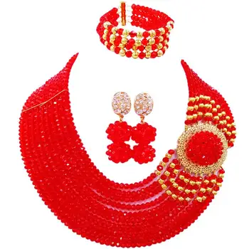 

On Sale Red African Style Crystal Beads Party Necklace Earrings Bracelet Sets for Ladies 10C-DPH-24