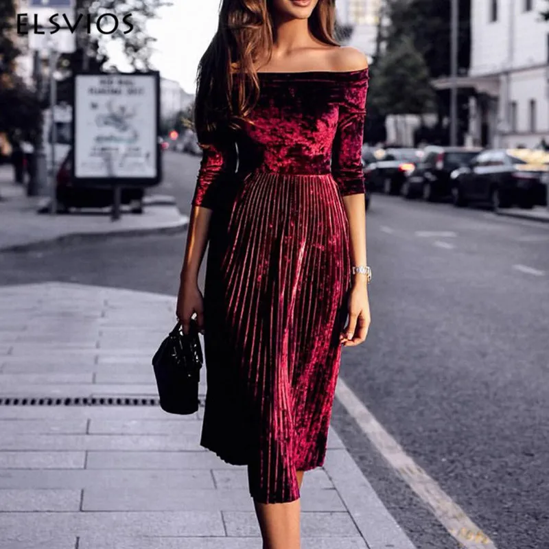 Платье женское Плиссированное с воротником лодочкой на осень/зиму|ladies party dress|women