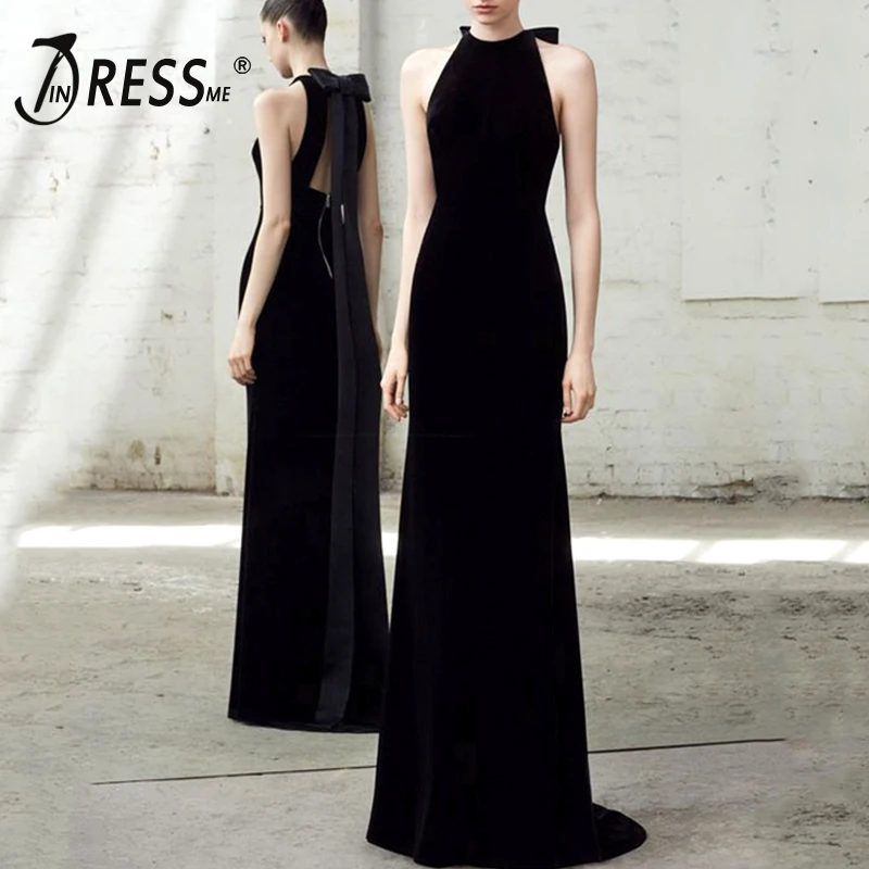 

INDRESSME New Women Bandage Elegant Solid Sheath Halter Bow Lace Up Floor Length Bodycon Party Gown Club Sexy Dress Vestidos