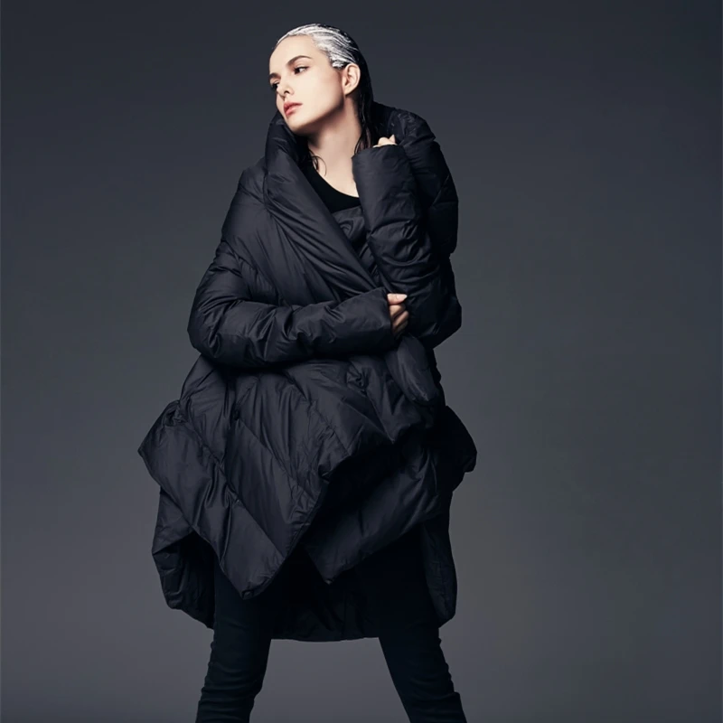 

2018 Fashion Women's Down Jacket Parka Cloaks Female Asymmetric Length Hooded Anorak Winter Coat