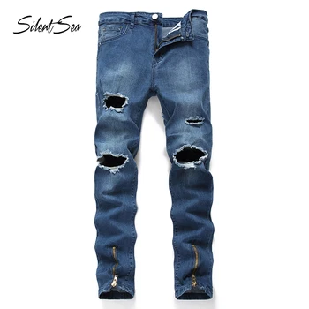 

Silentsea Fashion Men's Jeans straight Skinny Fit Elastic Destroyed Ripped Jeans Broken Puns Pants Homme hole peans big size