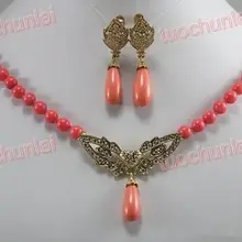 Wholesale_jewelry_wig$ Красивые Розовые Коралловые бусины золотого цвета хрустальные подвески ожерелье серьги ювелирные изделия