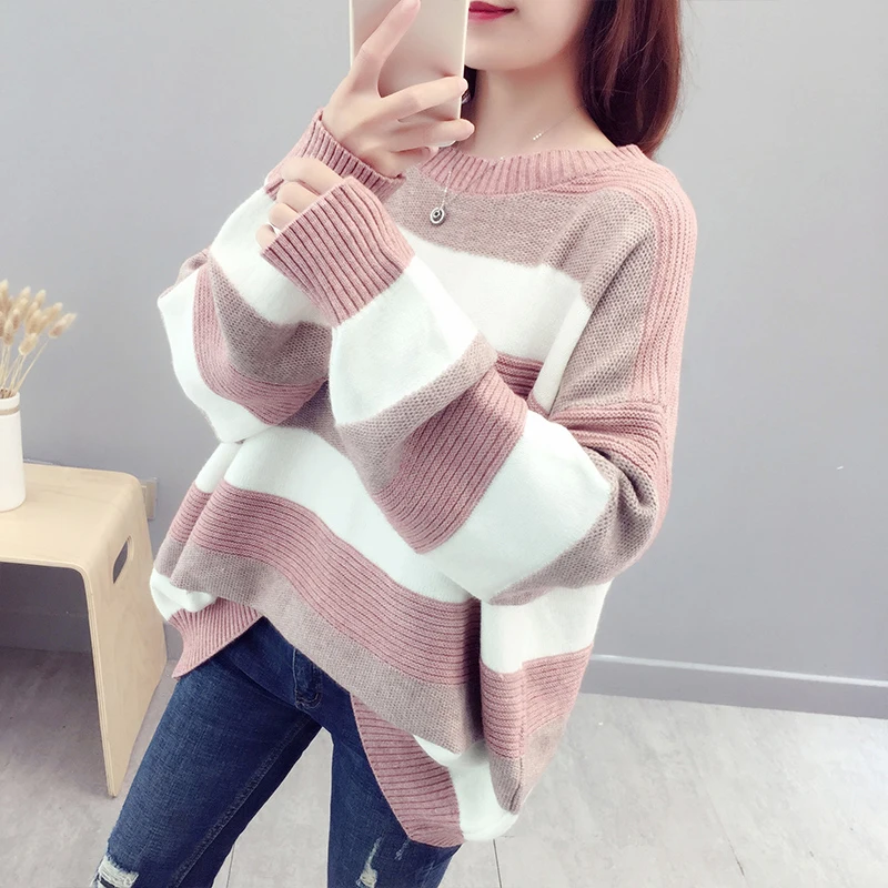 

O collar Sweater Women 2019 Autumn Winter Stripe colour collision Knitted Women Pullovers Thicken Warm Soft Cashmere Pullover