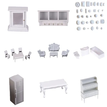 

1Set Dollhouse Miniature White Furniture Cabinet Cups Fridge Refrigerator Bench Model for Kitchen Living Room Pretend Play Toy
