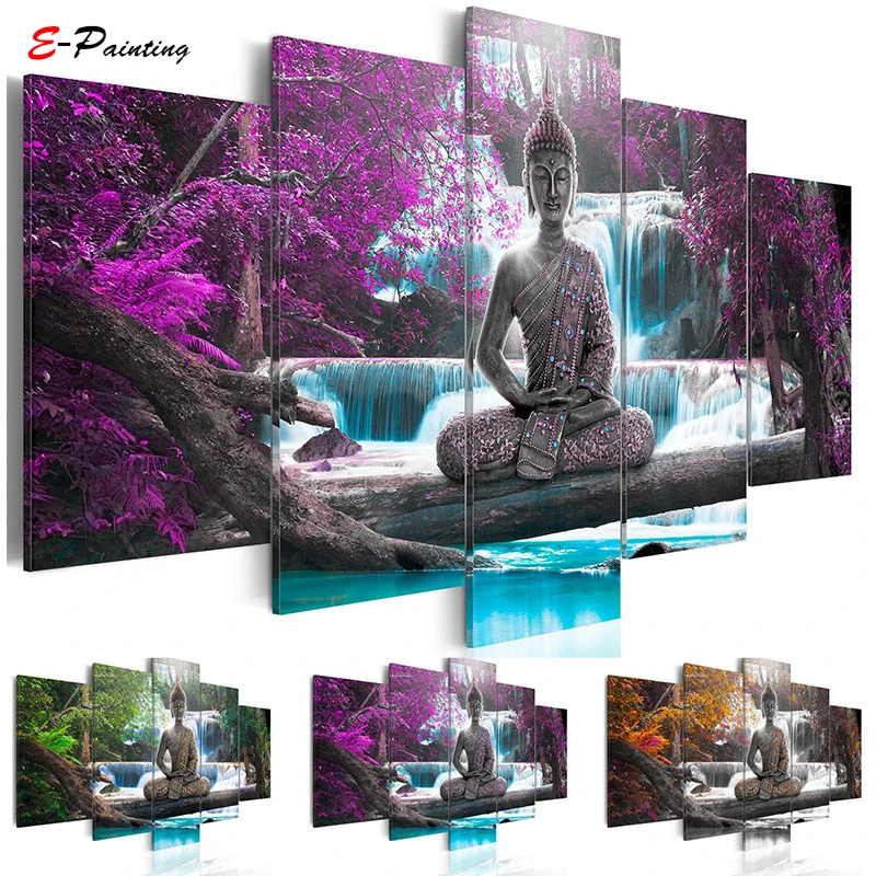 

Abstract Canvas Art Painting Buddha Waterfall Landscape Module Printed Poster Wall Art Home Decor Living Room Poster 5 Pieces