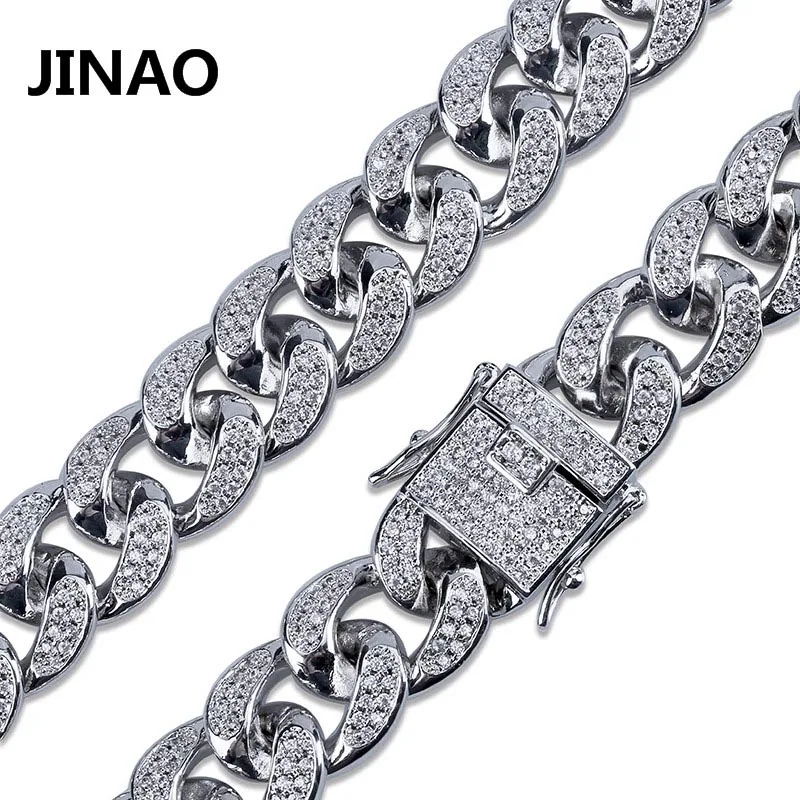 JINAO мужские 14 мм циркониевое ожерелье с кубинским звеном, колье в стиле хип-хоп, ювелирные изделия, блестящий золотистый Серебристый с розой, цепочка золотого цвета - Окраска металла: Silver