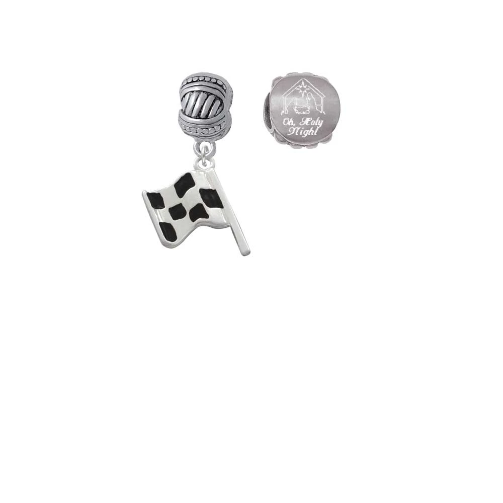 Silvertone Checkered Race Flag Come Let us Adore Him Charm Beads (Set of 2)