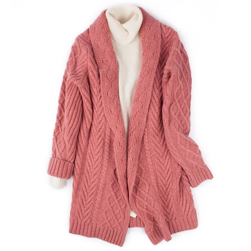  high grade 100%goat cashmere add thick twisted knit women's boutique cardigan sweater light tan 3co
