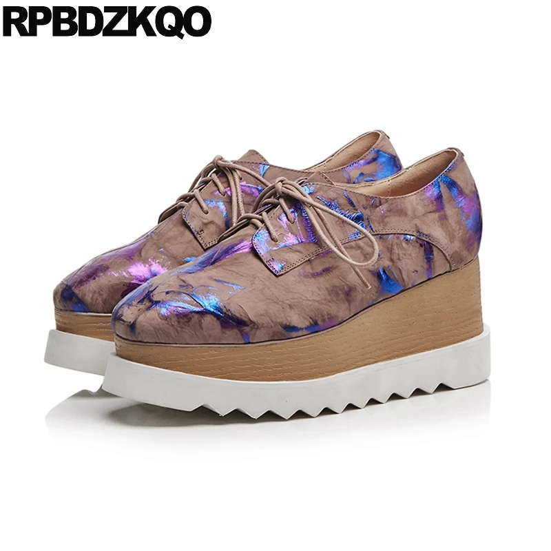 

Size 33 8cm Pumps Harajuku Big High Heels Handmade 4 34 Wedge Creepers Square Toe Ladies Genuine Leather Shoes Women Platform
