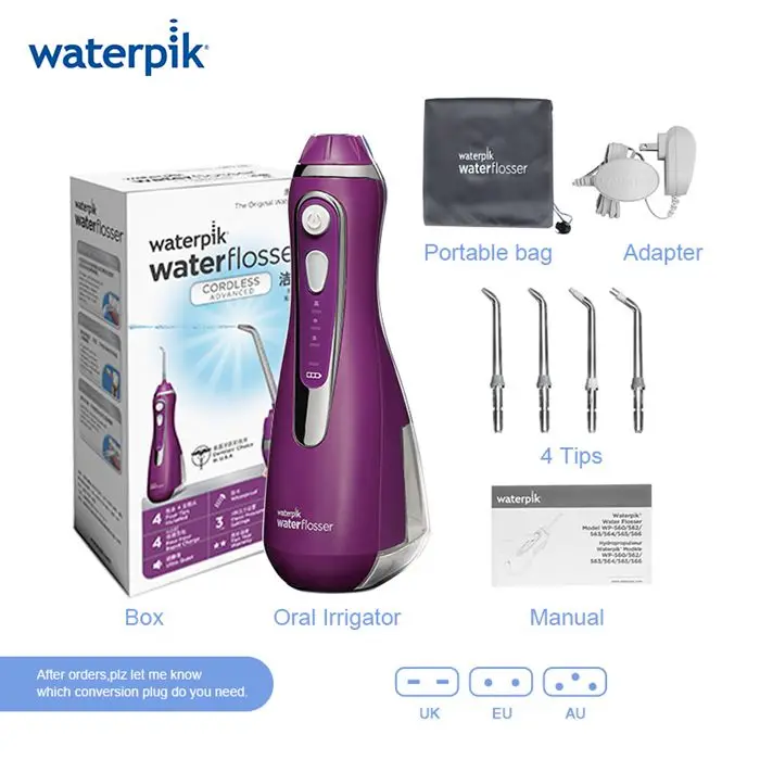 Waterpik WP-560 Белый беспроводной Расширенный водный Флоссер перезаряжаемый 4 часа Быстрая зарядка портативный IPX7 ирригатор для полости рта для путешествий - Цвет: Фиолетовый