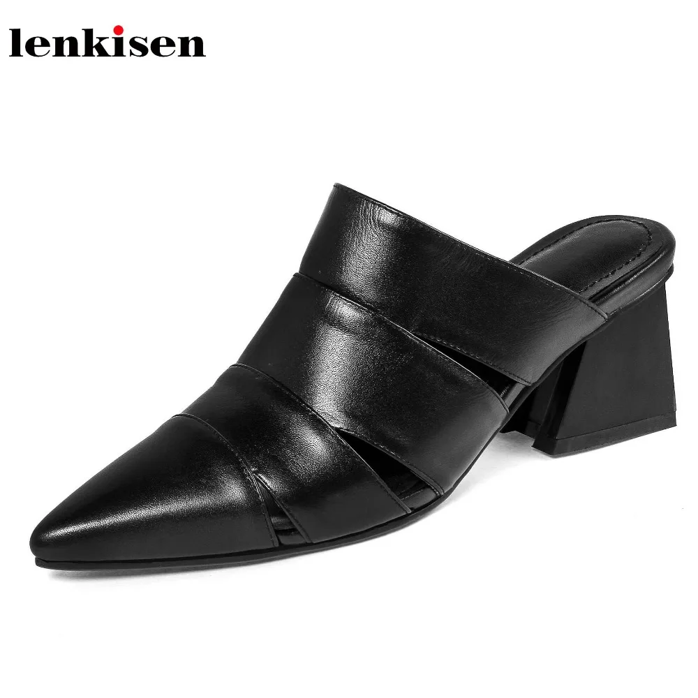 

Lenkisen cow leather pointed toe slip on slingbacks strange style pumps high heels shallow stripe hollow mules women shoes L88