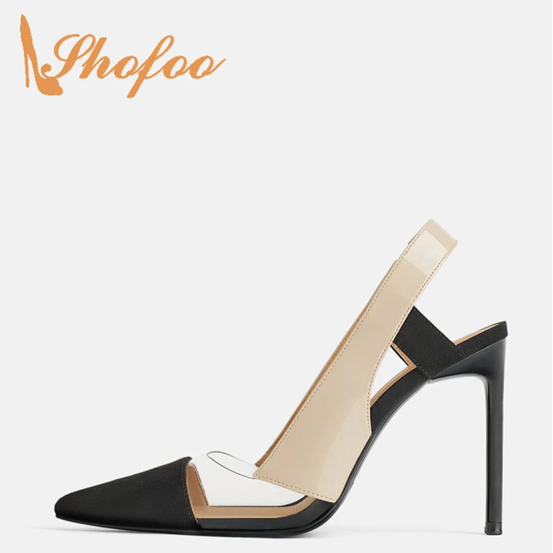 

Big Size 11 14 Patchwork Satin PVC Stilettos Pointy Toe Slingbacks Pumps Woman High Thin Heels Office Ladies Mature Dress Shoes