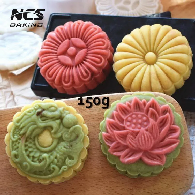 

150g round shape Lotus flower dragon Mooncake mung bean cake Molds mould with 4 Stamps plastic hand pressure , 50sets/lot
