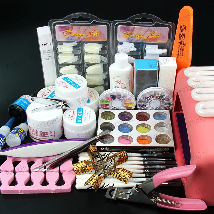 

2016 New Full Set UV Gel klt Brush Pen Nail Art DIY Manicure set + 36w pink uv gel lamp NA442+NA431