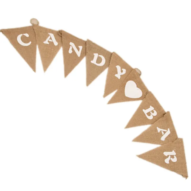Bandera rústica de arpillera de yute, Bandera de arpillera, barra de caramelos, decoración vintage para fiesta y boda AA8040 Bandera rústica de arpillera de yute, Bandera de arpillera, barra de caramelos, decoración vintage para fiesta y boda AA8040