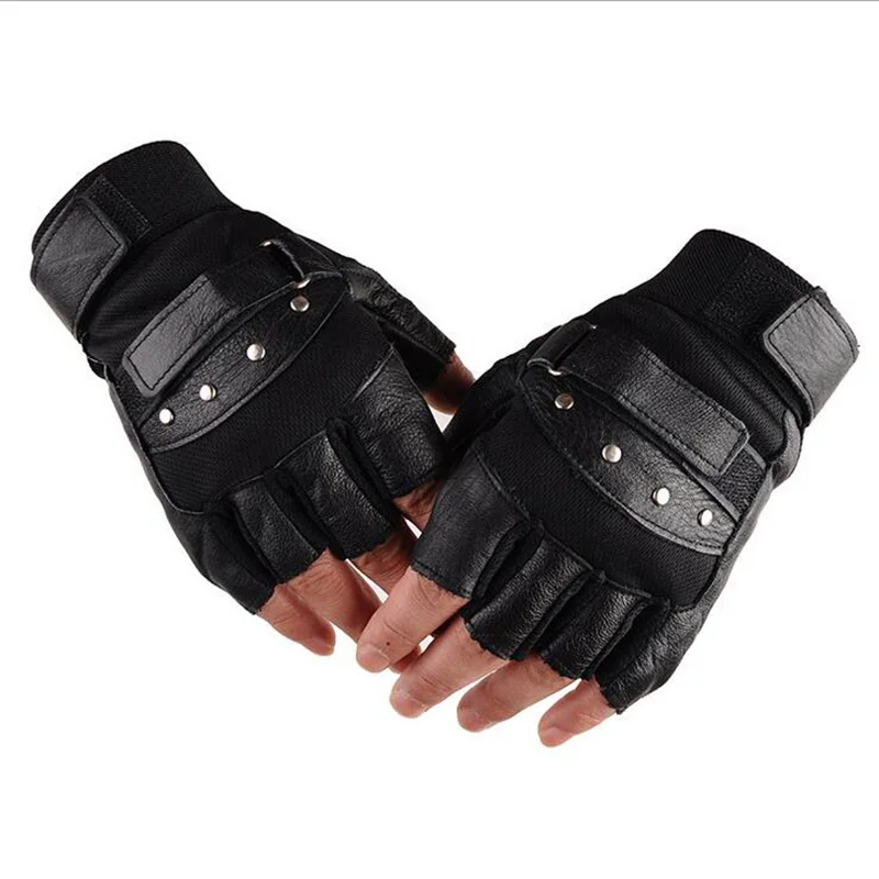 Men's Black Rivet Punk Half Finger Leather Gloves