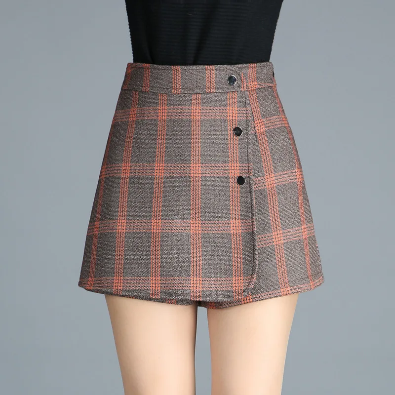 2017 Autumn&winter Women Plaid Wool Divided Skirt Korean Fashion Sexy