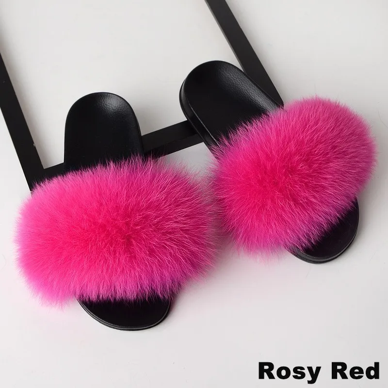 Fluffy Slippers Real Fox Fur Slides Indoor Flip Flops Casual High Recommend Raccoon Fur Sandals Vogue Plush Shoes